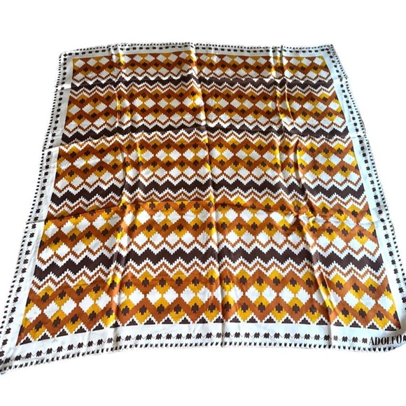 ADOLFO Navajo Print Brown Silk Square Scarf 33“ Mid Century Modern Neck Scarf - Picture 11 of 12